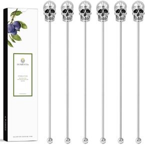 Homestia 6 Pieces Cocktail Stirrers for Drinks Reusable Coffee Stirrers, Gothic Skull Stirring Sticks Metal Stir Sticks for Coffee Bar, Stainless Steel Alcohol Stirrers Swizzle Sticks for Halloween