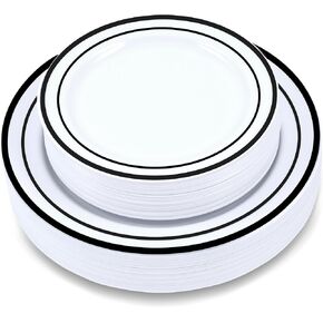 60-Piece Plastic Plates Set Premium 30 Dinner Plates & 30 Salad Plates Pack, Disposable Plates for Party - White Plastic Wedding Plates with Silver Rim