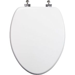 Elongated Toilet Seat w/Chromed Metal Hinges, Wood, White