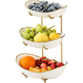Fruit Bowl for Kitchen Counter - 3 Tier Ceramic Serving Bowls with Metal Stand, Tiered Fruit Basket for Fruit Vegetable Storage, Snack, Nuts, Cake, Dessert, Small & Cute (Gold)