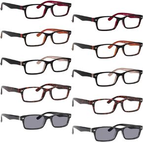 LUR Reading Glasses for Men Women 10 Pack Spring Hinges Readers Include Reading Sunglasses +2.50