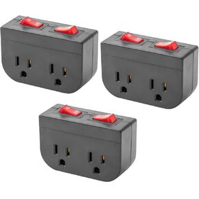 Grounded Outlet with On Off Switch, Double Port Electrical Outlet Plug Switch, for Cruise Ship, Hard-to-Reach Lamps, Kitchen Appliances, Energy Efficient, 1875W/15A, ETL Listed, Black, 3 Pack