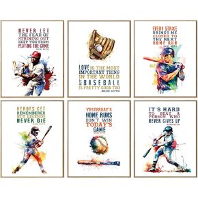 Motivational Baseball Posters Inspirational Baseball Wall Decor Baseball Room Decor, Baseball Decor For Boys Men Room Bedroom, Sports Posters For Boys Positive Quotes Wall Art Print Set Of 6 8x10 In