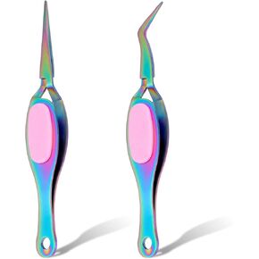 2 Pcs Craft Tweezers, Precision Reverse Crafting Tweezer, Stainless Steel Soft-grip Crossing Lock Tweezers with Curved Straight Tip for DIY Craft Jewelry Eyelash Extensions Nail Beading Tool