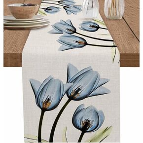 Blue Floral Table Runner 90 Inches Long,Kitchen Dinner Retro Tulip Flower Linen Dining Table Runners Long Dresser Scarf,Farmhouse Burlap Holiday Tablerunner for Coffee/Dining/Party/Wedding