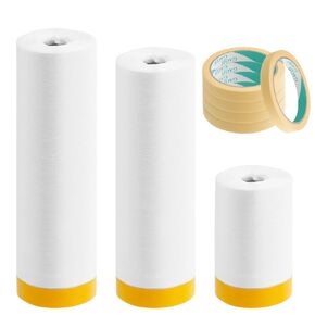 Glarks 8 Pack 68-Feet Tape and Drape Set, 3 Rolls Pre-Taped Masking Film Masking Paper and 5Pcs Paper Tape for Automotive Painting Covering, Painting, Furniture Protection