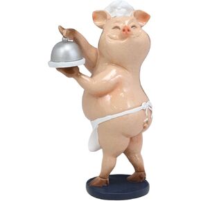 Ebros Voluptuous Bistro Chef Porkie The Pig with Service Plate and Cloche Dome Statue Home and Kitchen Hospitality Figurine 7.75" H for Bar Countertop Dining Table Accessory Party Hosting Prop