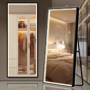 64"x21" Full Length Mirror with LED Lights, Free Standing Floor Mirror, Full Body Dressing Mirror, Wall Mounted Hanging Mirror for Bedroom, Black