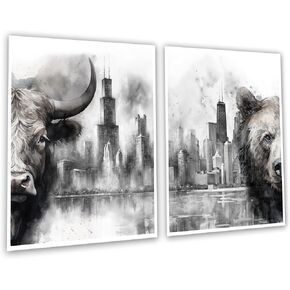 Gnosis Picture Archive Bull and Bear Chicago City Skyline Abstract Watercolor Gray and White Unframed set of 2 Wall Art Poster, Stock Market Decor, Day Trader Decor Gift, Stock Broker Office Decor