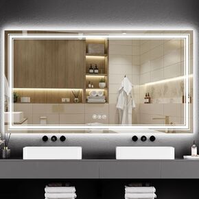 55x30 LED Bathroom Mirror with Lights,Anti-Fog,Dimmable,Backlit + Front Lit,Memory,Bathroom Vanity Mirror with Lights,3 Colors, Double LED VanityStepless Dimming,Lighted Bathroom Mirror