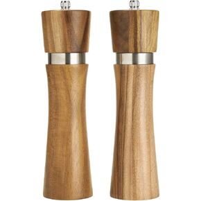 Acacia Wood Manual Salt and Pepper Grinder Set, 8 inches Refillable Pepper and Salt Mill Set, Salt Grinder Pepper Mill with Adjustable Coarseness, for Restaurant Hotel By DEERLET (2pcs,wood-gold)
