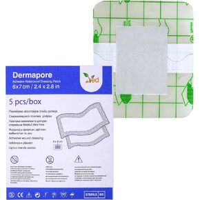 ضمادة الجروح اللاصقة المقاومة للماء من VED Dermapore - مناسبة للجروح والخدوش، وتقرحات الساق لمرضى السكري، وتقرحات الساق الوريدية، وقروح الضغط الصغيرة - متوسطة، 6 × 7 سم (عبوة من 5 قطع)، أزرق in Kuwait