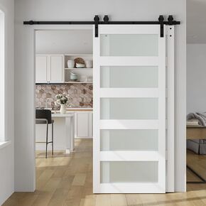 SmartStandard 40in x 84in Double Glass Sliding Barn Door with 7FT Bypass Sliding Barn Door Hardware Kit, 5-Panel Frosted Glass,Waterproof, Save Space, Easy Install, Fit 68"-72" Openning, White