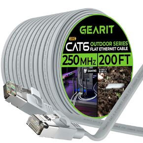 GearIT Cat 6 Outdoor Flat Ethernet Cable (200ft, Gray) Direct Burial Rated LLDPE Jacket - Indoor Cat6 Shielded FTP 10Gbps High Speed Gaming Computer Network RJ45 Snagless Patch Cord Internet