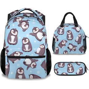 Penguin Backpack for Girls, 16 Inch Blue Backpacks for School, Cute Lightweight Bookbag for Kids