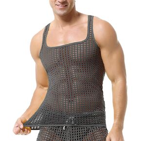 DTODWW Men's Mesh Sleeveless Tank Top Undershirt See Through Shirts Muscle Fitted Fishnet Hollow Out Shirts