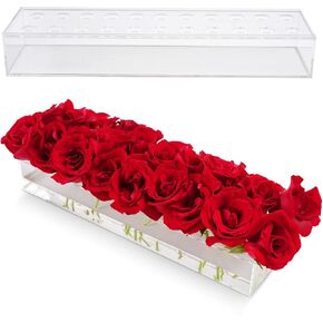 Transparent Acrylic Vase Rectangular Flower Holder Long Acrylic Vase with Holes Flower Holder on The Table Flower Holder，for Home and Kitchen Tabletop Decorative Plant Holder (22 holes)