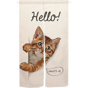 Cat Noren Japanese Curtain Doorway Curtain, Orange Cat Hello Tapestry for Wall Hanging, Japanese Noren Bedroom Partition Kithchen Divider Bathroom Door Decor, 33.5"x 59"