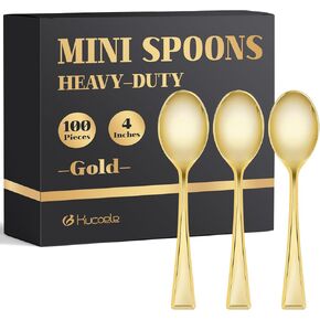 Kucoele 4 Inches Gold Mini Plastic Spoons, 100 Pack Disposable Small Dessert Spoons Heavy Duty Tiny Tasting Spoons for Appetizers, Puddings, Ice Creams