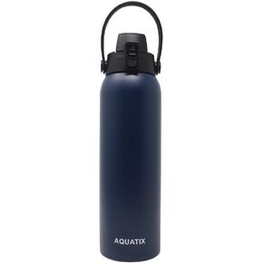 New Aquatix (Navy Blue, 32 Ounce) Pure Stainless Steel Double Wall Vacuum Insulated Sports Water Bottle Convenient Flip Top Cap with Removable Strap Handle - Keeps Drink Cold 24 hr/Hot 6 hr