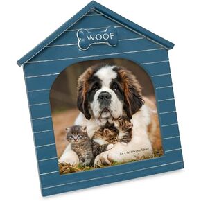 Isaac Jacobs 4x4 Natural Resin Sentiments Woof Doghouse Frame, Vertical Keepsake Photo Frame with Easel and Hanging Tabs for Tabletop, Desktop & Wall Display (4x4, Natural)