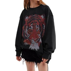 Bocymolay المرأة بلوزات طباعة النمر الرسم المتضخم Crewneck البلوز قمم طويلة الأكمام الخريف الشتاء القمصان
