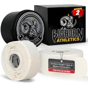 Bighorn Athletics Premium Golf Finger Tape, Pre-Cut Strips of Golfers Tape, 4-Way Stretch Athletic Tape, Finger Blister Prevention, Golf Blister Tape - 2-Pack with Tin Canister, Military Green+