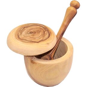 Holy Land Market Olive wood Salt Cellar with Olive wood long Spoon set (3 Inch Cellar and 5 Inches spoon) - Asfour Outlet Trademark