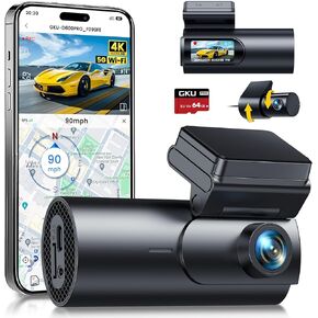 GKU Dash Cam Front and Rear Camera,4K+1080P Dual Dash Camera for Cars Built-in 5GHz WiFi GPS,with 64G SDcard,1.47" Display Dashcam, 24HParking Mode,App Control,Super Night Vision,WDR,Support Max 256GB