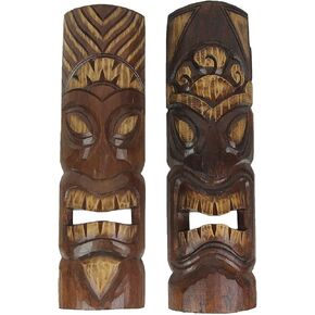 Chesapeake Bay Set of 2 Unique Hand-Carved Wooden Polynesian-Style Tiki Wall Hanging Masks Featuring Sun and Flower Headdress - Artisan Crafted - Exotic Island Decor, 20 Inches High