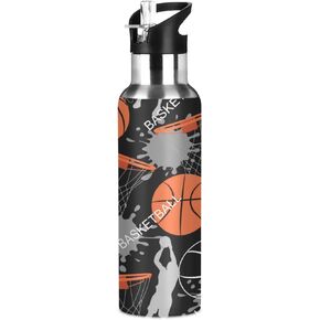 Sport Ball Basketball Player Sport Water Bottle with Straw, Vacuum Insulated Stainless Steel Thermal Flask Leakproof BPA Free Drinking Bottle for Gym Fitness Camping-20oz/600ml