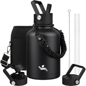 Gallon Insulated Water Bottle with Straw,128 oz 3 Lids Water Jug with Carrying Bag,Paracord Handle, Double Wall Vacuum Stainless Steel Metal Flask,Camp Green