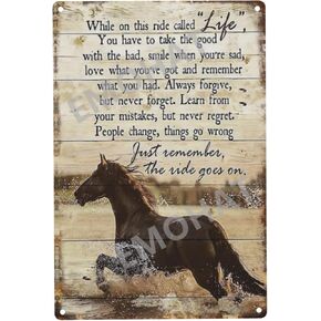 EMOHAT Horse Metal Tin Sign The Ride Goes Inspirational Retro Decor Wall Decoration Gifts for Horse lovers On Cowgirl Home Bedroom Living Room 8x12 Inch