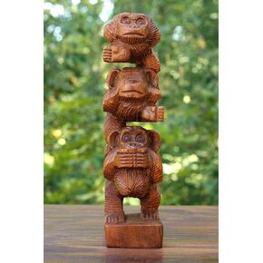 G6 Collection 12" Wooden Hand Carved Stacked 3 Monkeys See, Hear, Speak No Evil Figurines Handmade Art Sculpture Decorative Home Decor Accent Handcrafted Wood Decoration Three Monkeys Statue