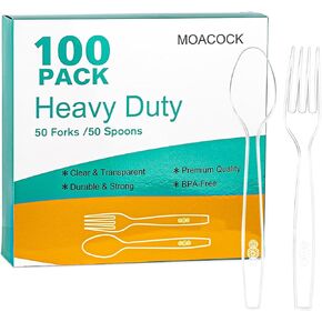 MOACOCK 100 Count Plastic Silverware, Heavy Weight Plastic Forks Spoons Disposable Utensils Cutlery Set for Wedding Party Supplies Everyday Use