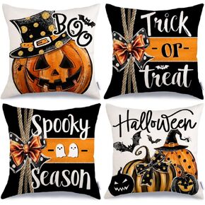 GEEORY Halloween Trick or Treat Throw Pillow Covers 18x18 Inch Set of 4, Boo Pumpkins Jack-O-Lantern Stripes Holiday Decorative Farmhouse Cushion Cases for Home Decoration G573-18