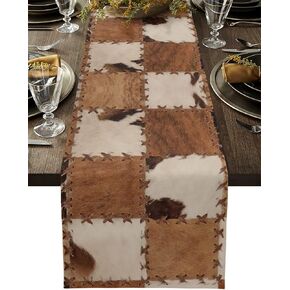 Western Style Cowhide Leather Animal Hair Vintage Splicing Grid Table Runner Dresser Scarves, 13x48In Non-Slip Table Dress Scarf Wildlife Kitchen Dinner Tables Decor for Dining Room/Banquet/Party