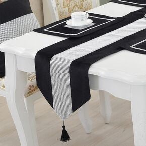 Sequined Rhinestone Diamond Table Runner Luxurious Long Table Runner with Tassels for Dining Christmas Wedding Party Tabletop Decorations (13" x 72", Black)