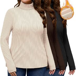 Ficerd Women's 3 Pcs Plus Size Thermal Turtleneck Tops Ribbed Long Sleeve Fall Shirts Stretch Slim Winter Base Layer