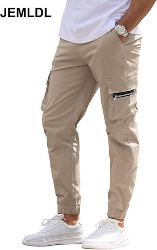 بنطال Cargo Jogger للرجال بخصر مطاطي ورباط وقصة ضيقة مع جيوب بسحاب من القطن للرجال in Kuwait