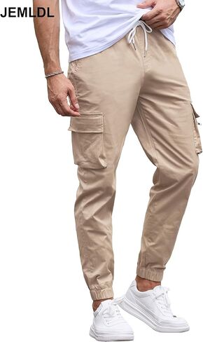 بنطال Cargo Jogger للرجال بخصر مطاطي ورباط وقصة ضيقة مع جيوب بسحاب من القطن للرجال in Kuwait