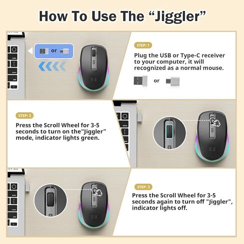 ماوس سيندا اللاسلكي، ماوس من النوع C مع Jiggler - ماوس USB C مضيء، مستقبل USB ونوع C، محرك Jiggler مدمج متوافق مع MacBook، iPad، Windows Tablet/Laptop/الكمبيوتر، بني in Kuwait