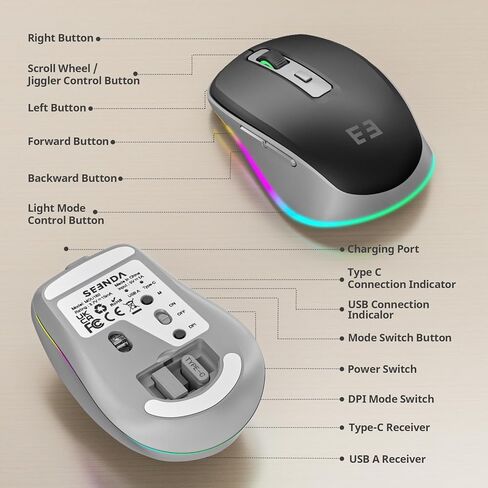 ماوس سيندا اللاسلكي، ماوس من النوع C مع Jiggler - ماوس USB C مضيء، مستقبل USB ونوع C، محرك Jiggler مدمج متوافق مع MacBook، iPad، Windows Tablet/Laptop/الكمبيوتر، بني in Kuwait