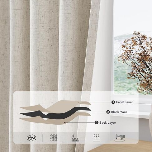 كتان رمادي بيج 100% ستائر تعتيم طويلة جدًا لغرفة النوم بطول 105 بوصة، ستائر حديثة من الأرض إلى السقف تحجب الضوء، ستائر خلفية حرارية، ستائر جيب لغرفة المعيشة 52 × 105 in Kuwait