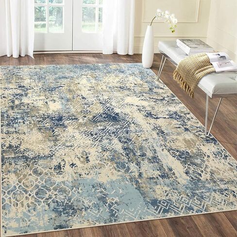 Large Rug 8x10 Machine Washable Area Rug Modern Rug Non Slip Soft Rug Living Room Rug Accent Throw Rugs for Dining Room, Cream/Blue in Saudi Arabia