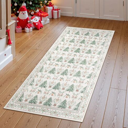 Christmas 2x4 Rug, Non Slip Beige Entryway Rug Ultra-Thin Christmas Door Mat Kitchen Rug, Tree Pattern Print Soft Home Decor for Bathroom Bedroom Sink in Saudi Arabia
