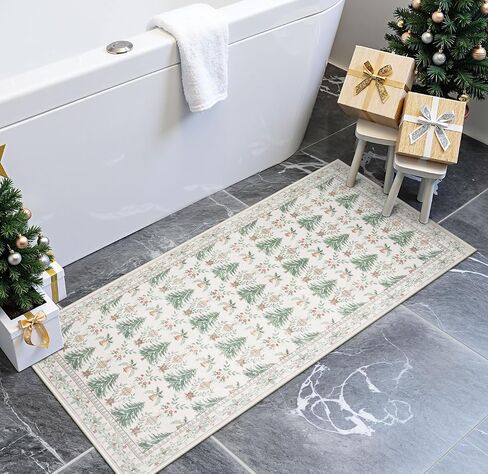 Christmas 2x4 Rug, Non Slip Beige Entryway Rug Ultra-Thin Christmas Door Mat Kitchen Rug, Tree Pattern Print Soft Home Decor for Bathroom Bedroom Sink in Saudi Arabia