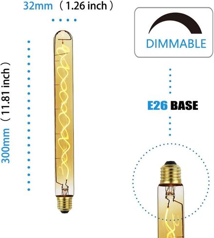 لمبة إديسون ذات أنبوب اختبار طويل حلزوني عتيق، T10/T32 متوسطة (E26) قاعدة قياسية E27، 4W 2200K 240LM لمبة إديسون LED قابلة للتعتيم، 40 وات يعادل أبيض دافئ (زجاج ذهبي كهرماني) in Saudi Arabia