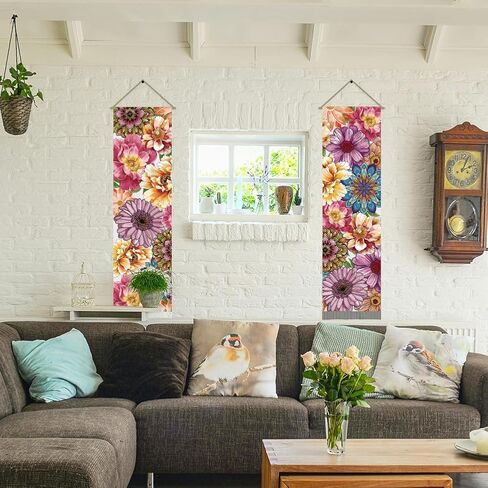 AHANDMAKER 2 Pcs Colorful Floral Tapestry, Peony Long Vertical Tapestry Wall Hanging, Bohemia Tassel Tapestry Wall Tapestry Mystic Aesthetic Tapestry for Bedroom and Living Room(45.7x13 Inch) in Saudi Arabia