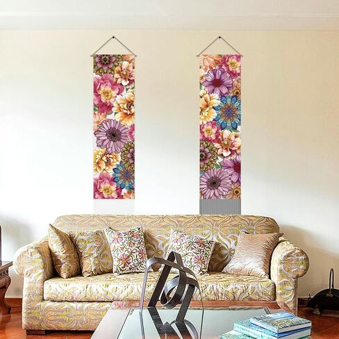 AHANDMAKER 2 Pcs Colorful Floral Tapestry, Peony Long Vertical Tapestry Wall Hanging, Bohemia Tassel Tapestry Wall Tapestry Mystic Aesthetic Tapestry for Bedroom and Living Room(45.7x13 Inch) in Saudi Arabia